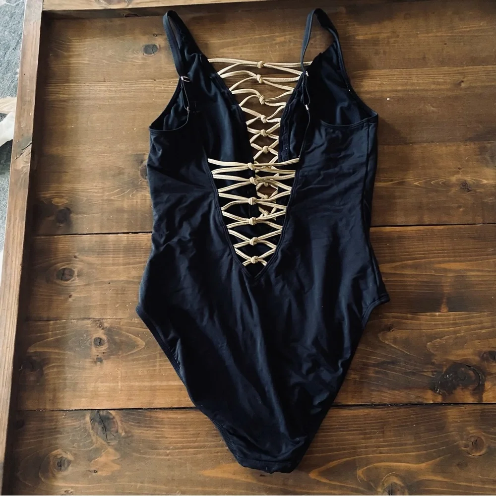 Bleu Rod Beattie Black Let’s Get Knotty Lace Up One Piece Swimsuit